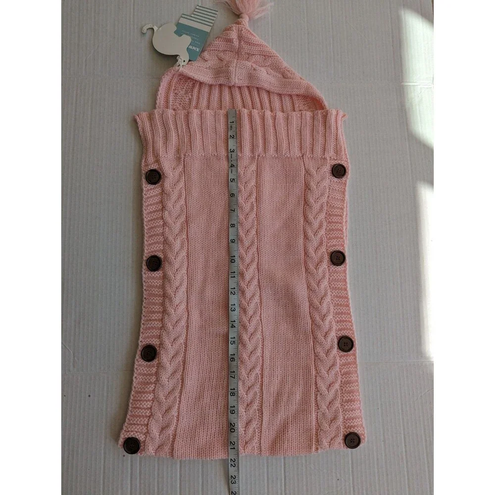 Pink Cable Knit Hooded Baby Bunting Cocoon Swaddle Tassel Button New